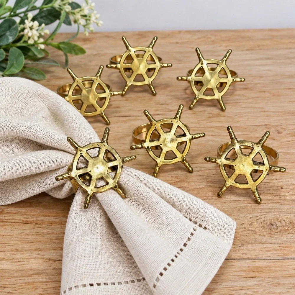 6 Brass Metal Ship Wheel Napkin Rings Nautical Decorative Table Decor Gold Tone